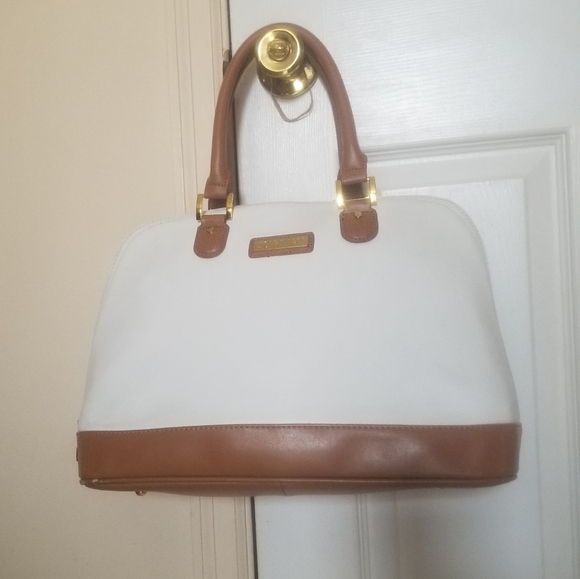 Joy & Iman Handbags - Joy & Iman Leather Timeless Chic Leading Lady Satchel Bag White and Tan Two Tone